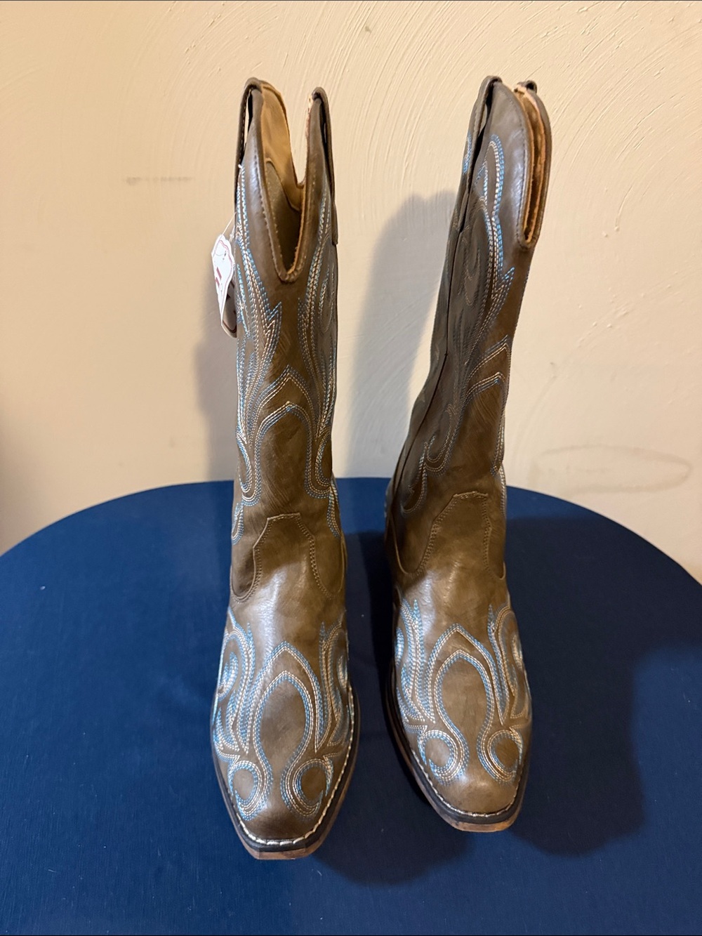 Classic Brown Lace-Up Women's Western Boots with Blue Stitching